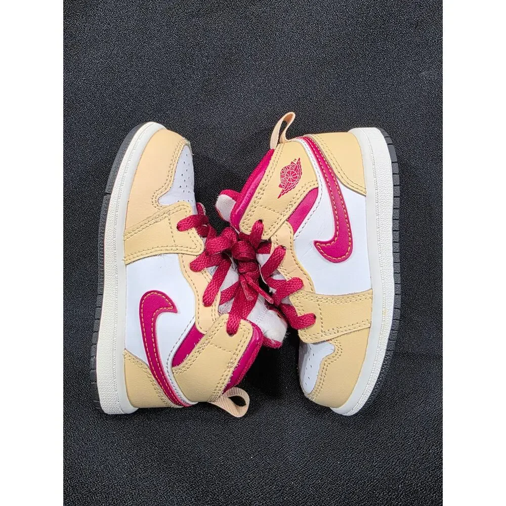 Nike Air Jordan 1 Mid TD Leather Light Curry Cardinal Red Toddler 8C